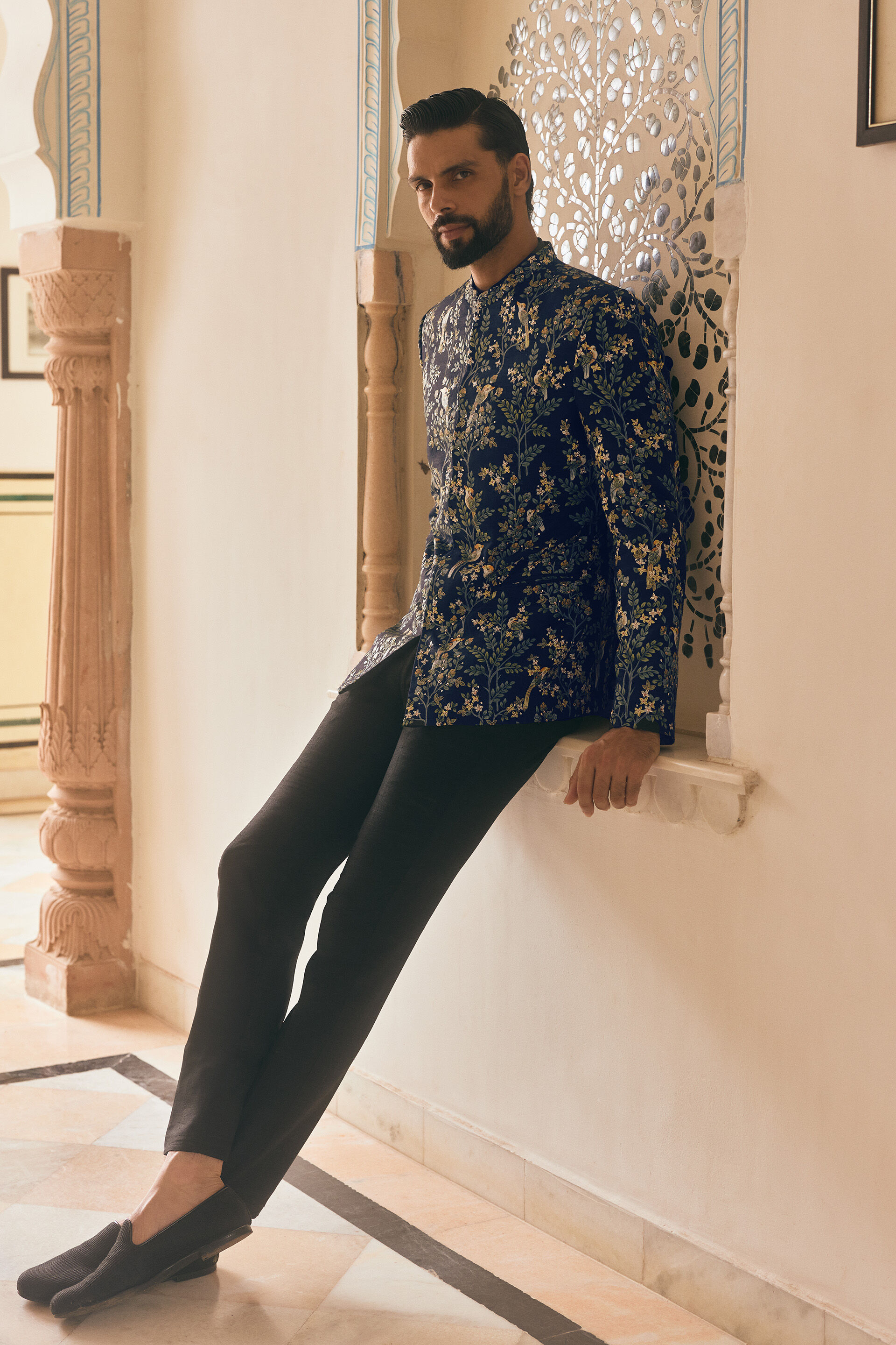 Ipsit Hand-painted Pichhwai Silk Bandhgala - Navy, Navy, image 3